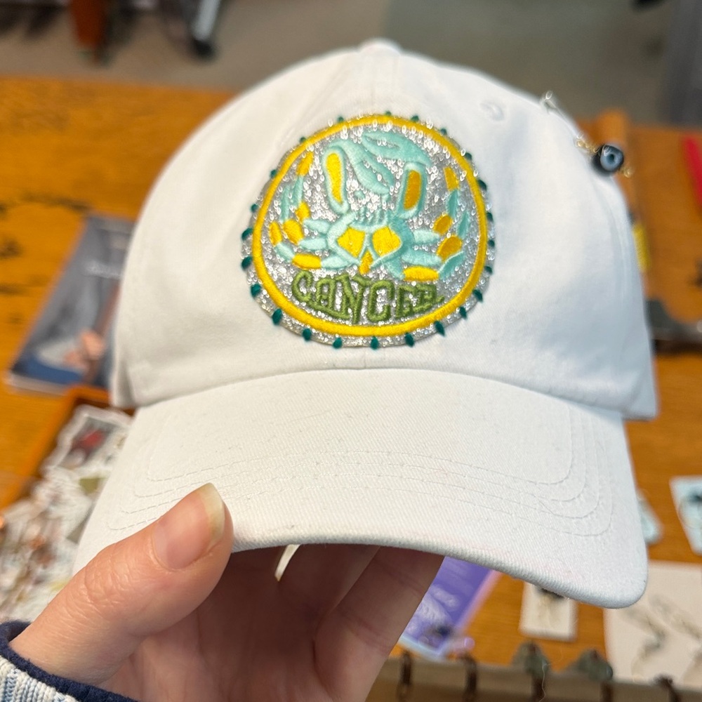 White Baseball Cap with Sparkly Cancer Yellow & Aqua Embroidered Patch